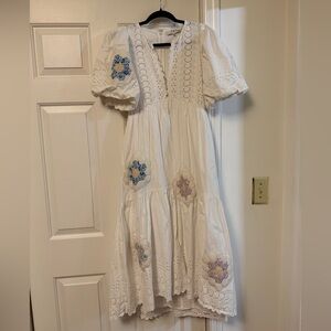 Sea New York White Midi Dress with Blue and Purple Embroidery